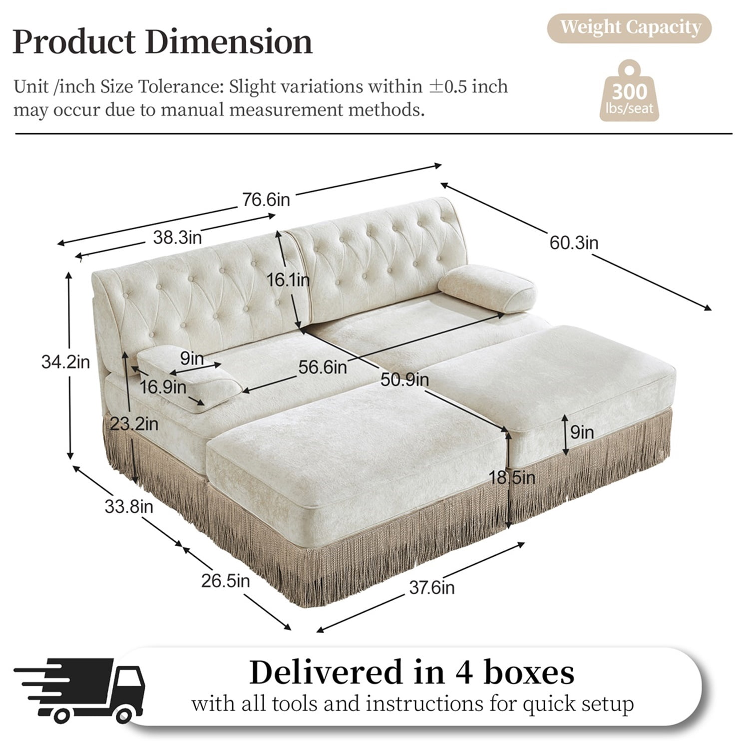 Hommoo 2-Seater Chesterfield Style Velvet Fabric Sofa Couch set with 2 Ottomans, Tufted Button Upholstered Design and Floor-grazing Tassel, Free Combination Sectional Sofa, for Home, Beige
