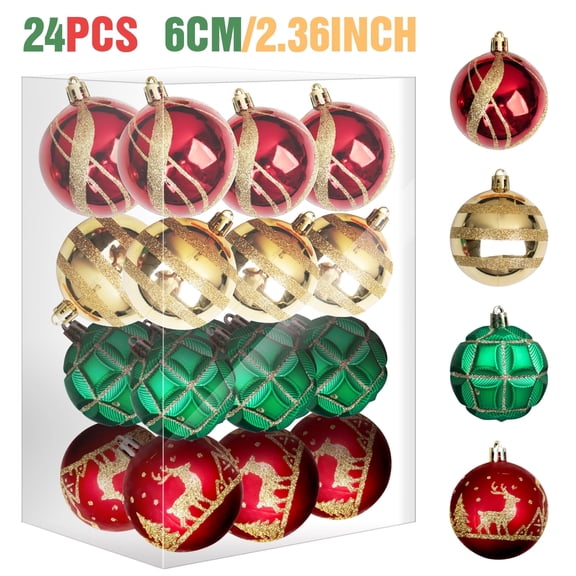Volivo 24PCS Christmas Tree Ball Ornaments, 2.36Inch Christmas Tree Ornaments Set for Xmas Tree Decorations, 2.36Inch Hanging Balls (Red Gold and Green)