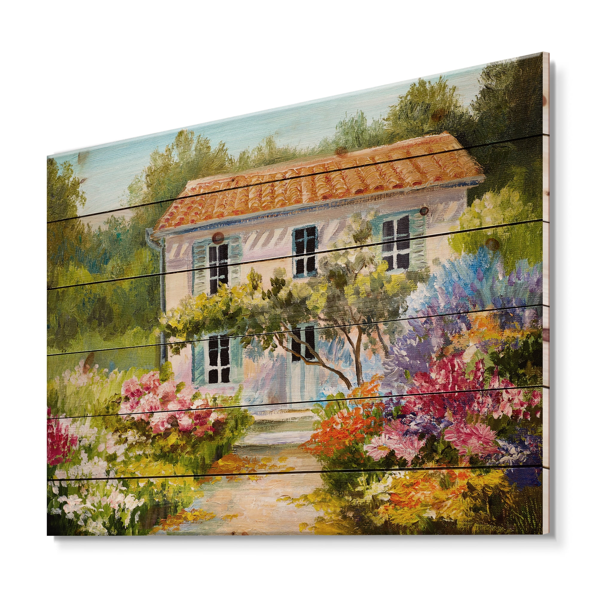 Designart 'The Mountain With Flowers With Little House II' Traditional Print on Natural Pine Wood