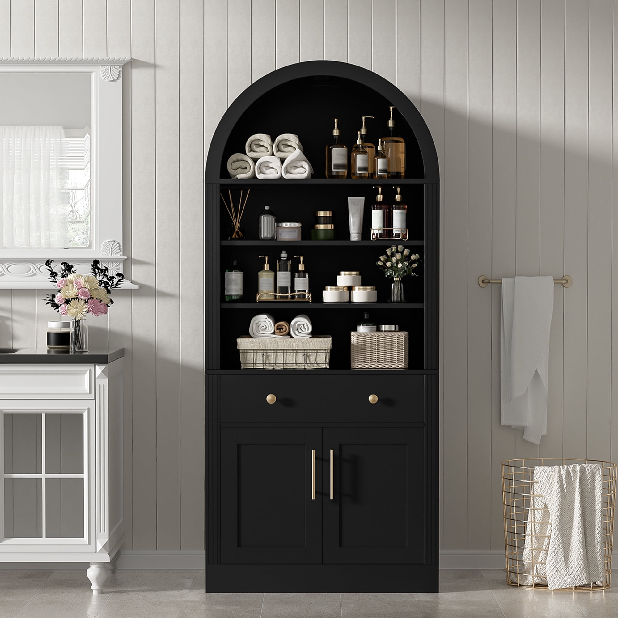 71" Tall Arched Bookshelf with Storage Cabinet, 2 Piece Display Bookcase with Drawer Doors and Adjustable Shelves