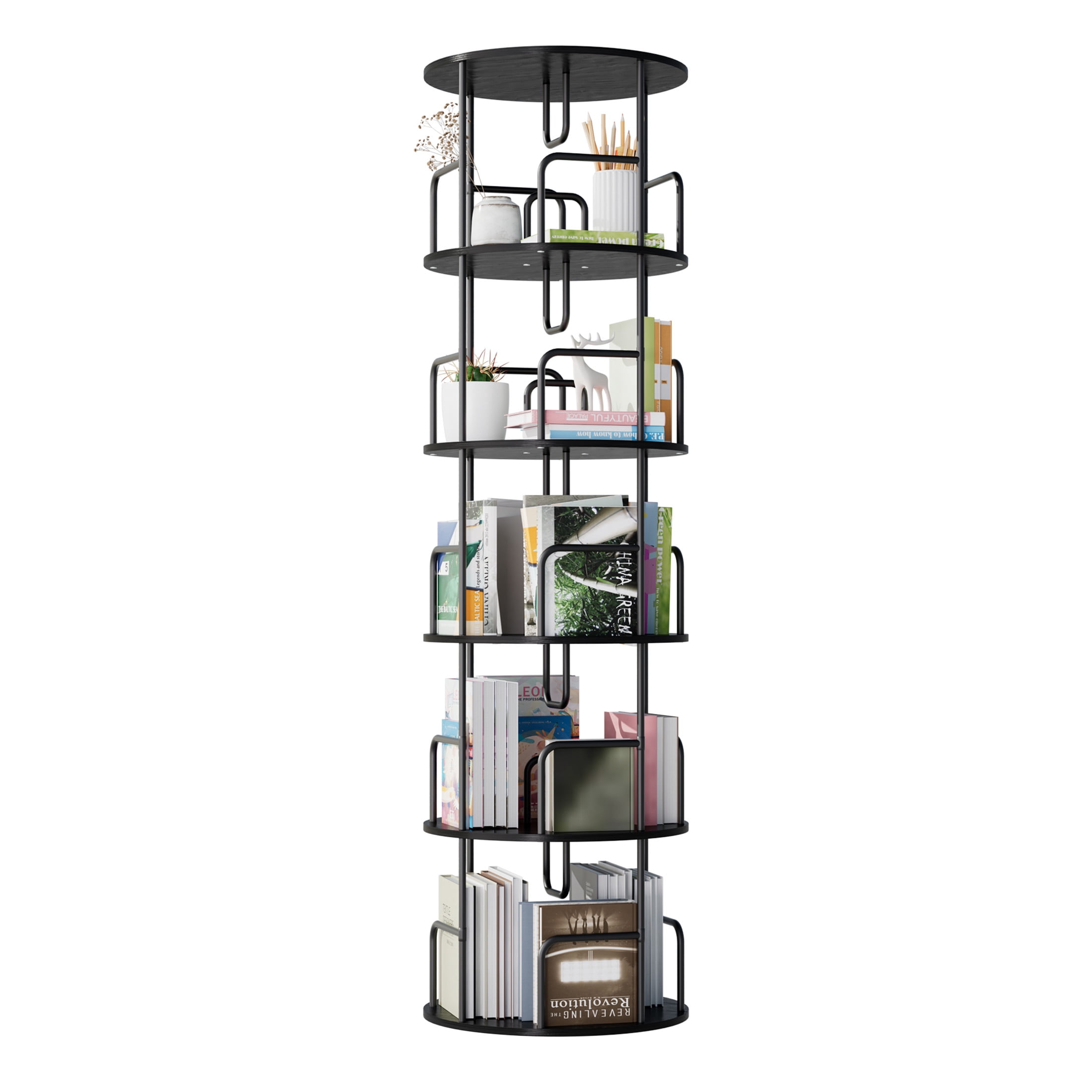 Noble House 62" Storage Rotating Bookshelf Tower, Narrow 5-Tier Tall Spinning Vertical Bookcase Organizer, Black