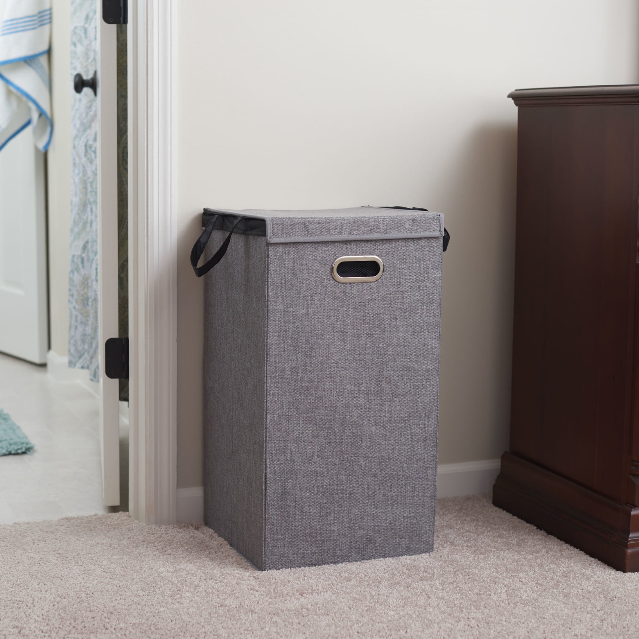 Household Essentials Laundry Hamper with Lid, Sturdy Polyester Sides with Attached Magnetic Lid, Removable Mesh Liner, Attractive Grommet Handles, Easily Transportable and Folds Flat, Gray