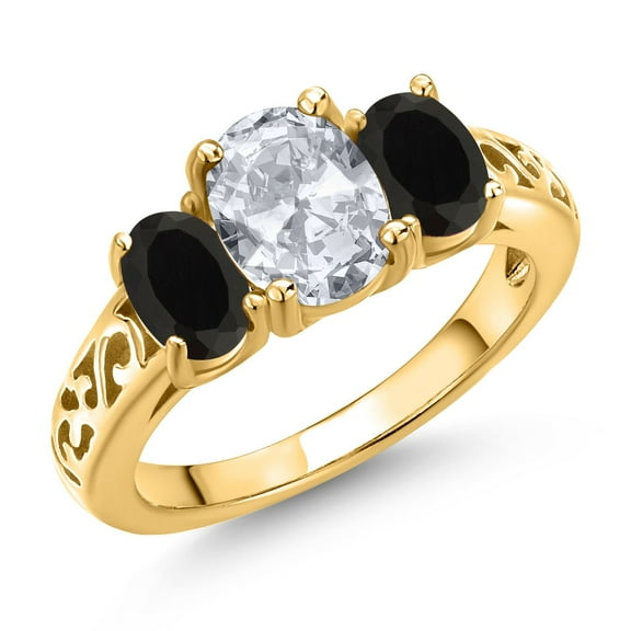 Gem Stone King 18K Yellow Gold Plated Silver White Topaz and Black Onyx Filigree Style 3 Stone Ring for Women (2.30 Cttw, Oval 8X6MM and 6X4MM) (Size 9)
