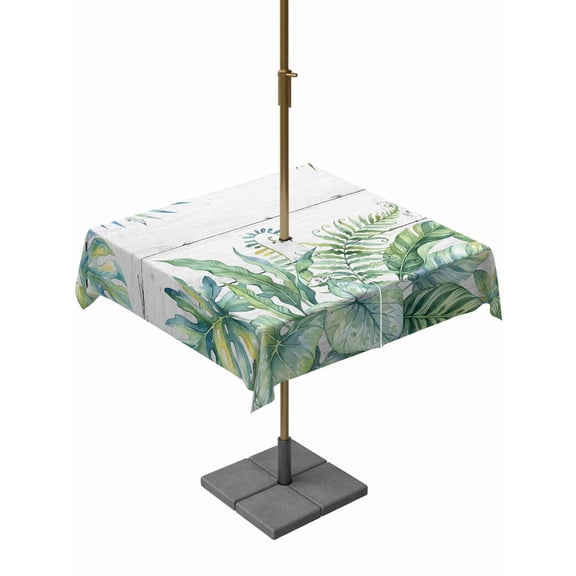 Outdoor Tablecloth with Umbrella Hole for Patio/Picnic/Party/Camping, Tropical Leaves Waterproof Table Cloth Square Cover Washable, Green Monstera Palm Leaves Summer Wood Gray (60"x 60")