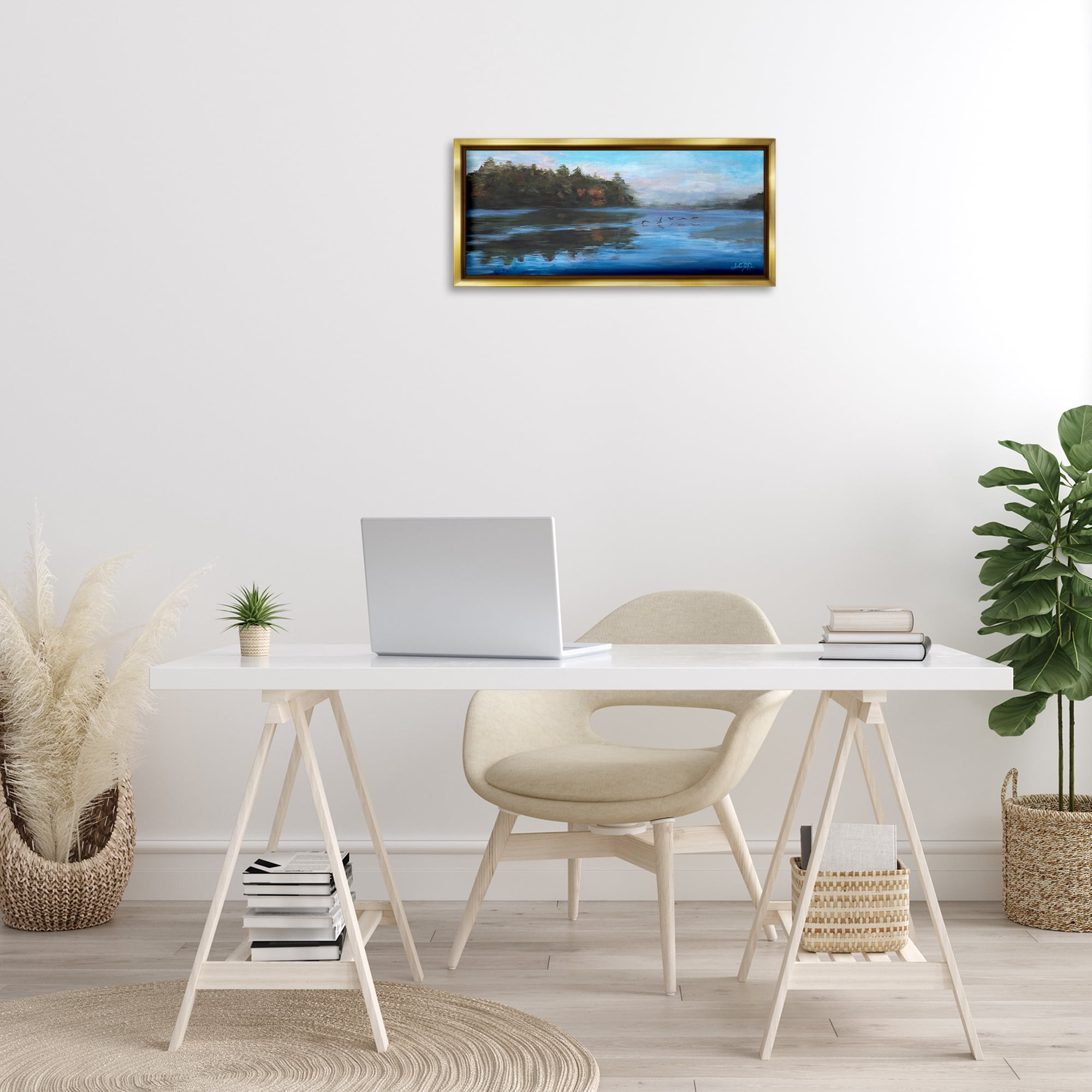 Stupell Industries Birds Along River Landscape Painting Gold Floater Framed Art Print Wall Art, 25 x 11