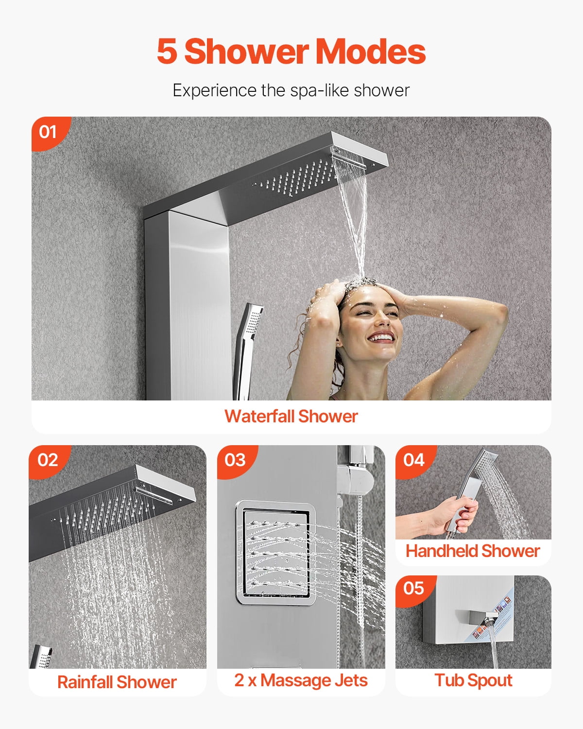 VEVOR Shower Panel Tower System with Rainfall Waterfall Shower Head, 53 in Brushed Stainless Steel Shower Column, 5-Function Faucet, Wall-Mount Rain Massage System with 2 Body Jet,Handheld,Tub Spout