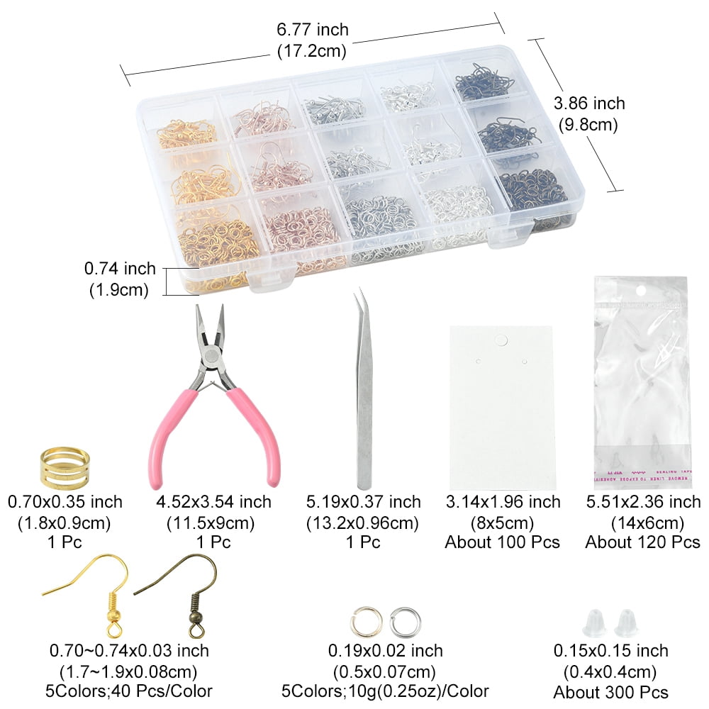 DIY Earring Making Kit Including Iron Jump Rings & Earring Hooks Brass Rings Tweezers Paper Earring Display Card Plastic Ear Nuts Metallic Wire Twist Ties Mixed Color 1679Pcs/set