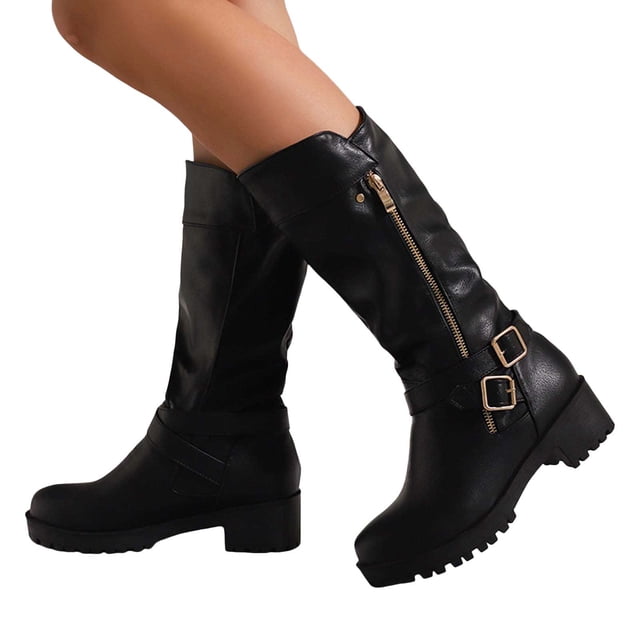 Platform Buckle Motorcycle Riding Boots for Women with Side Zipper Winter Fall Slouchy Leather Wide Mid Calf Tall Boots
