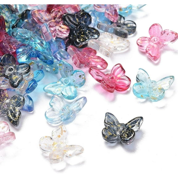 100Pcs Butterfly Pendant Ornament Two Tone Transparent Spray Painted Glass Charms with Glitter Butterfly Glass Charms Pendant for Women DIY Necklace Bracelet Earring Jewelry Craft Making