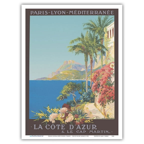 French Rivera (Côte d'Azur) France - Paris-Lyon-Mediterranean (PLM) - Vintage Railroad Travel Poster by Julien Lacaze c.1921 - Master Art Print (Unframed) 9in x 12in