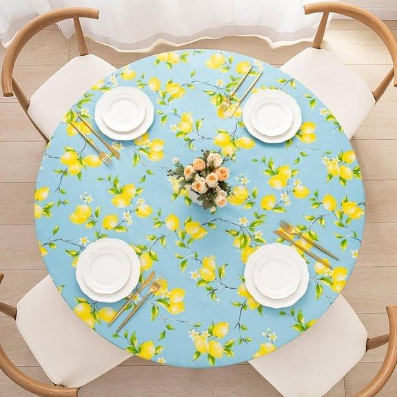 Round Fitted PEVA Vinyl Tablecloth with Elastic Edged & Flannel Backing, Waterproof Wipeable Round Table Cover for Indoor Outdoor Patio Use - Fits Tables up to 45"-52" Dia. (Lemon)