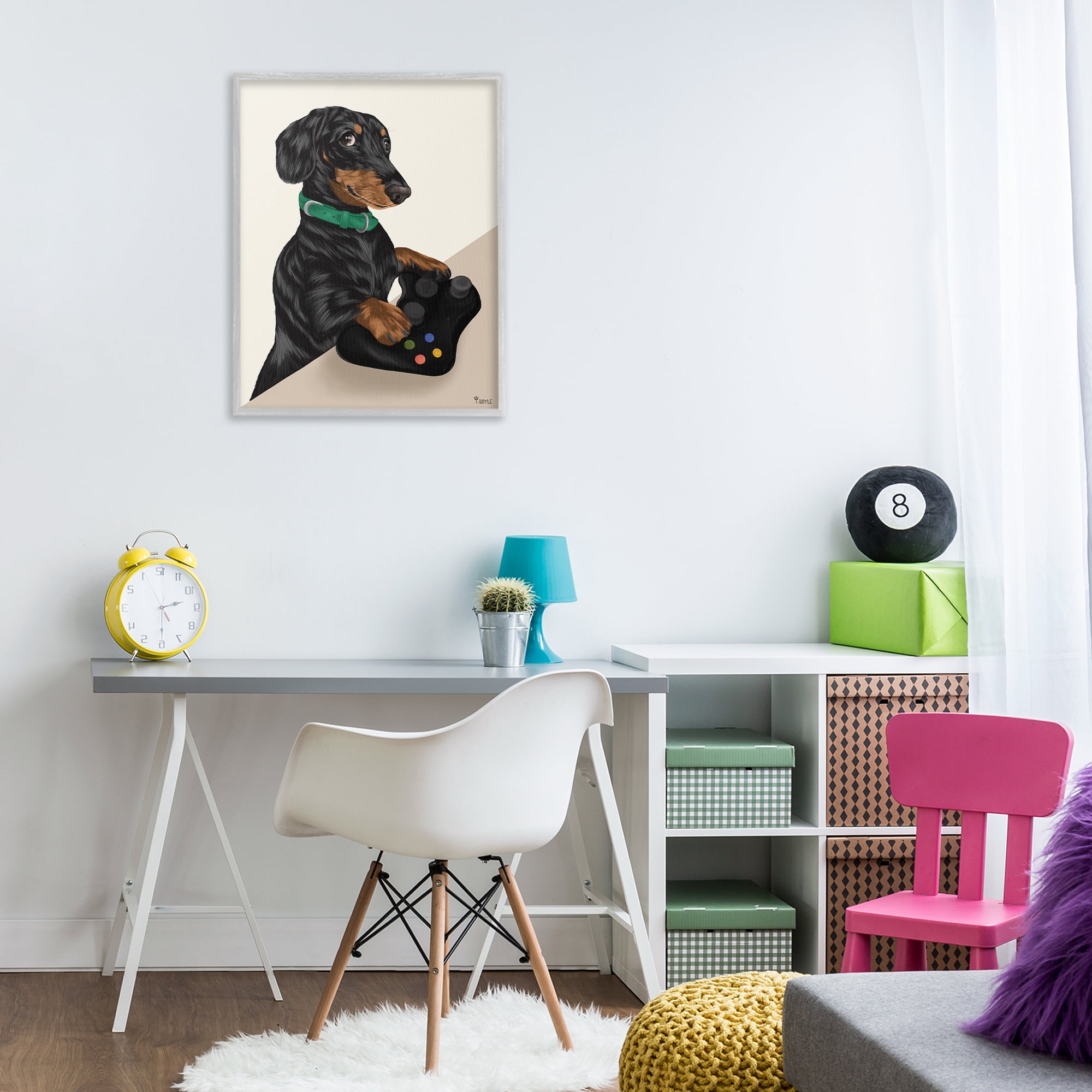 Stupell Industries Gamer Dachshund Dog Animals & Insects Painting Gray Framed Art Print Wall Art, 24 x 30