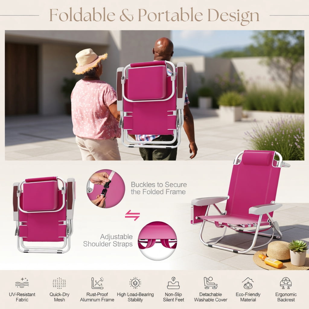 Hommoo 2-Pack Foldable Beach Chair with Cup Holder, Adjustable Backrest & Storage Pockets, Lightweight Aluminum Frame, Waterproof 600D Oxford Fabric, Pink