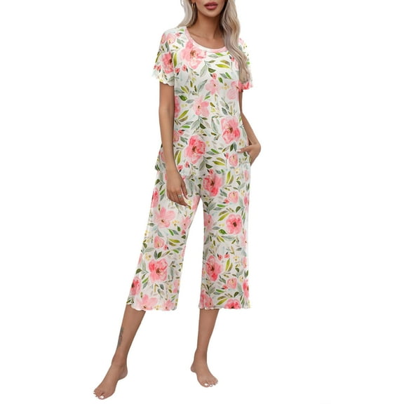 Ekouaer Women's Pajamas Set Short Sleeve Top With Capri Pants Pjs Lounge & Sleepwear Set