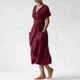 thumbnail image 5 of ZZwxWA Women's Summer Linen Open Front Midi Dress Casual Fixed Waistband Short Sleeve Wrap T Shirt Dresses with Pockets Solid Color, 5 of 6