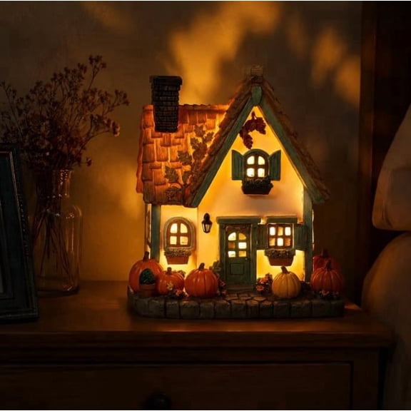 7.5 Inch Light Up Pumpkin Resin Cottage Figurine, LED Glowing A-Frame Autumn House Decor for Fall Harvest Thanksgiving Tabletop Home Decoration