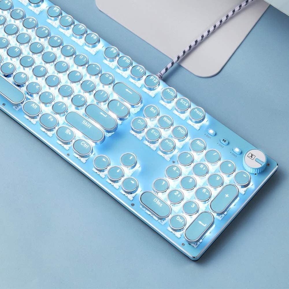 Vintage Mechanical Gaming Keyboard with LED Backlit, 104-Key Anti-Ghosting Blue Switch, USB Wired Metal Panel and Round Keycaps