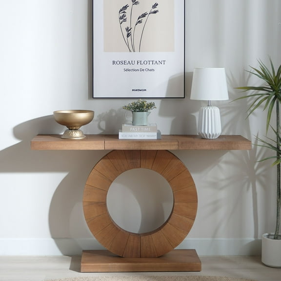 53.2in Modern Minimalist Wooden Console Table Circular Base Wooden Console Table, Elegant Decorative Accent for Entryway, Living Room, and Hallway (Multi)