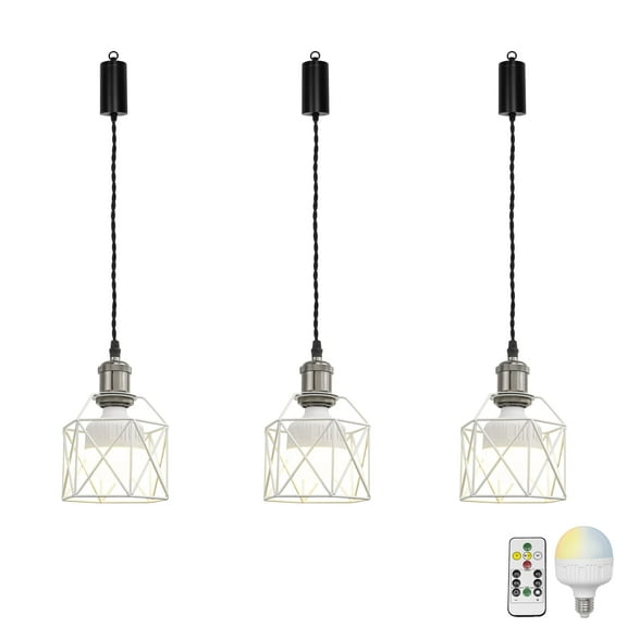 KAYYELAMP 3-Pack Remote LED Bulb Rechargeable Battery Adjusted Height Hanging Light Dimming Timing Pearl Black Base White Cage Metal Lamp Retro Design for Kitchen Farmhouse