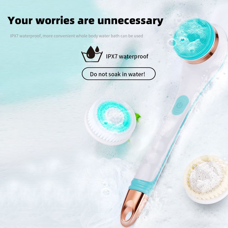 SoulBay Electric Body Brush with 5 Attachments: Rechargeable Back Brush  IPX7 Long Handle Exfoliating Spin Scrubber for Shower Bathing Cleansing  Wash Deep Cleaning