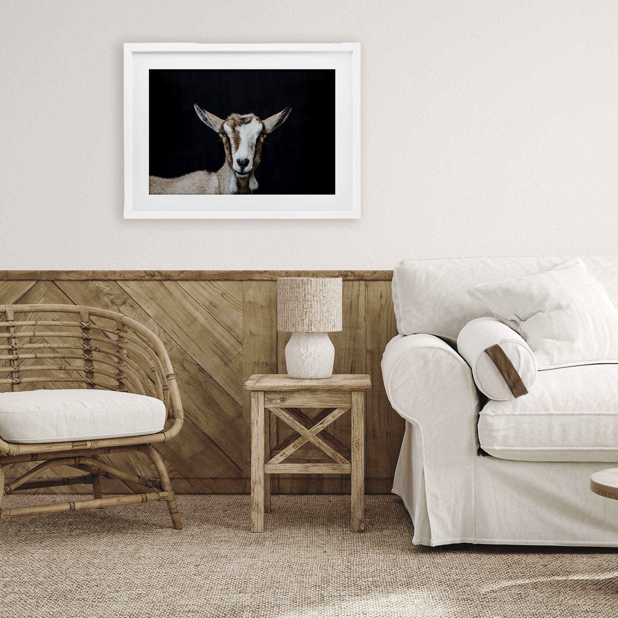 Goat Face over Black White Framed Print Under Glass, design by Amy Carroll