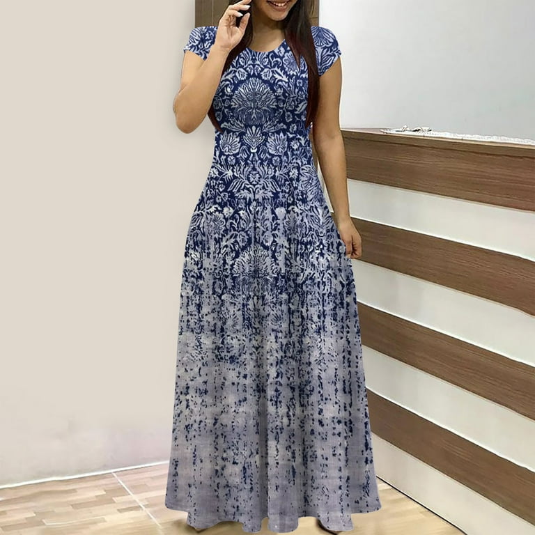Usmixi Dresses for Women 2023 Evening Party Vintage Western Graphics Empire  Waist Pleated Swing A Line Maxi Dresses Ethnic Style Print Short Sleeve  Crewneck Long Formal Dresses for Women Blue XXL -