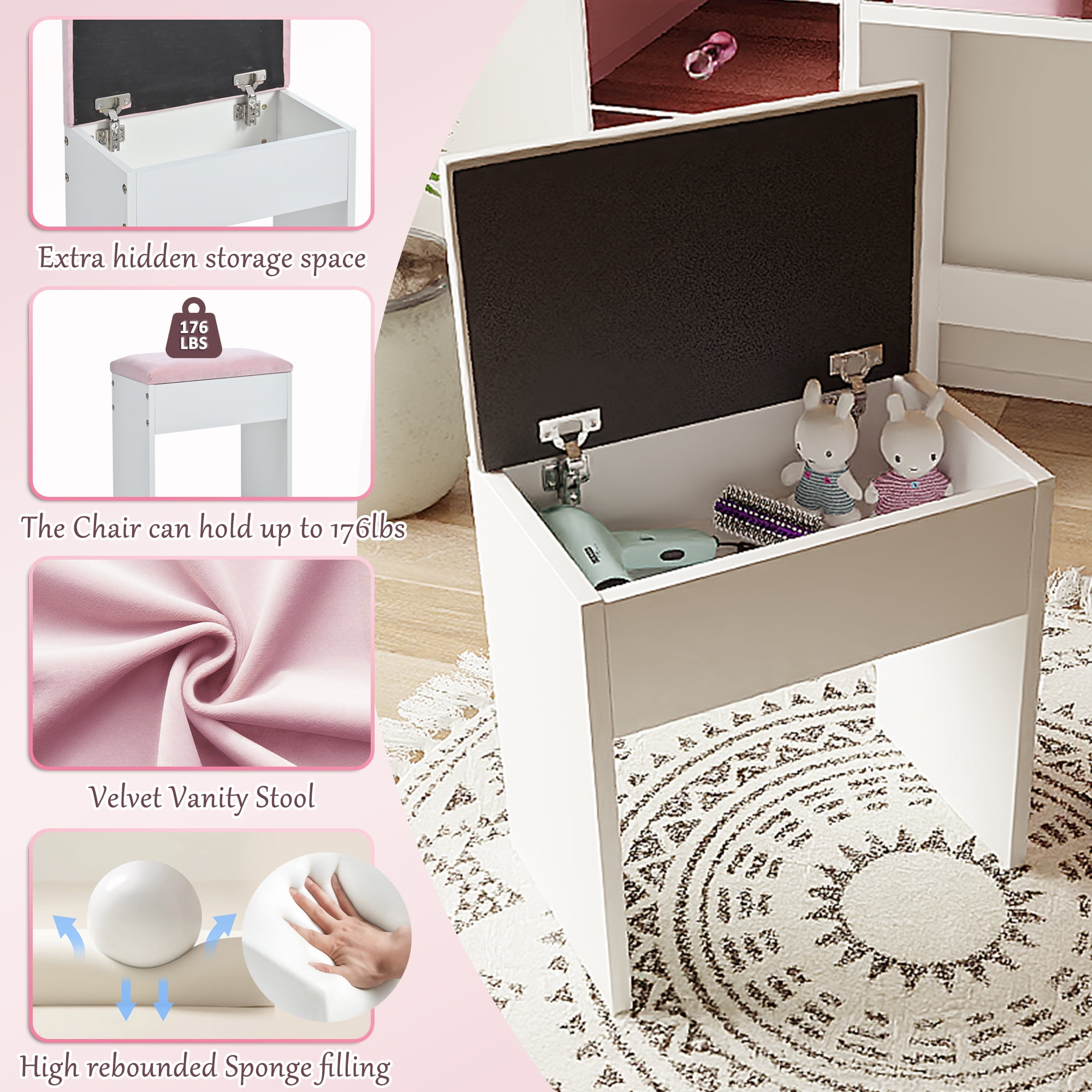 Makeup Vanity, Vanity Desk with Lights, Hollywood Vanity with 15 LED Bulbs 3 Color Modes Adjustable Brightness Pink Glass Top Dressing Table 11 Drawers Includes Cushioned Stool, Pink