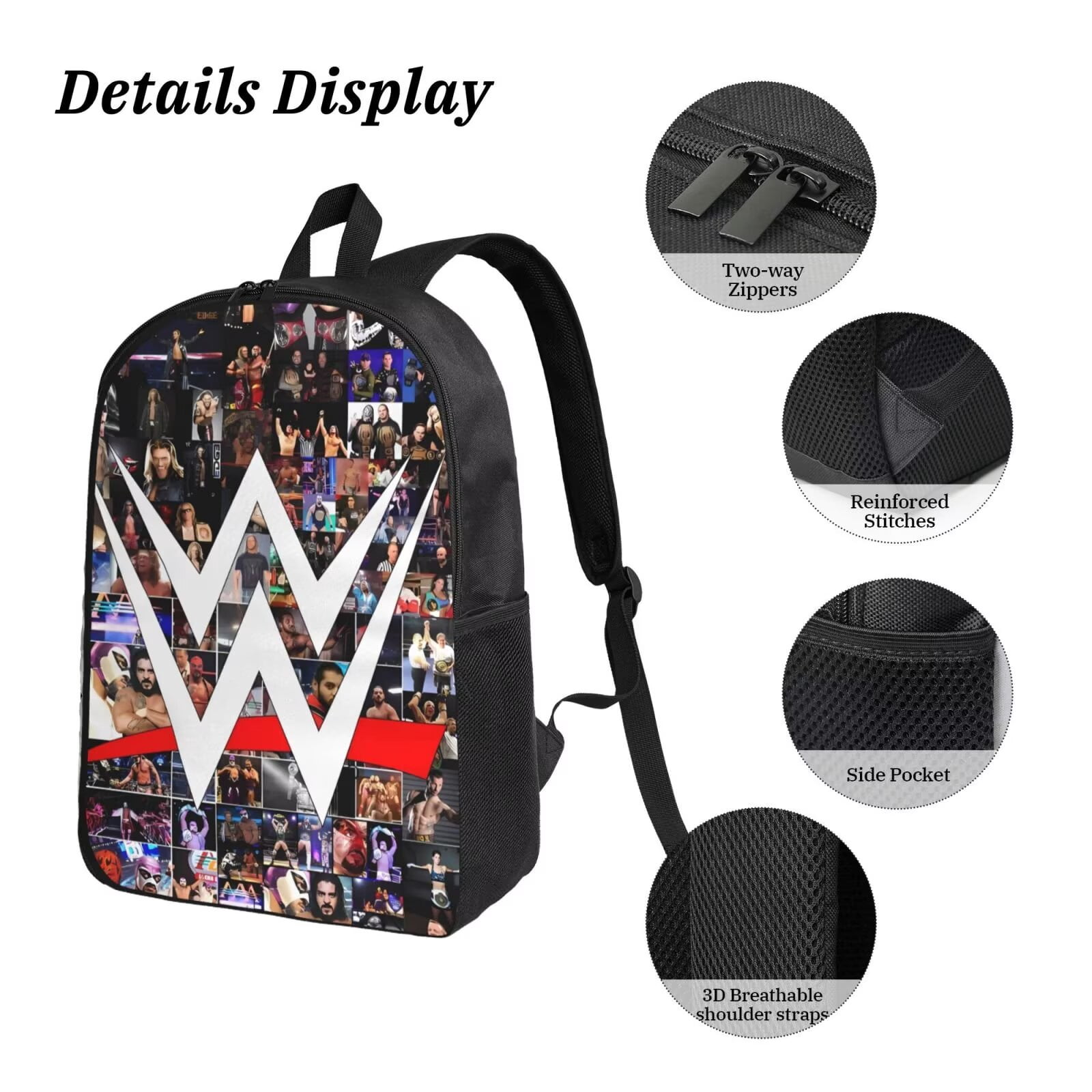 Wwes Backpack 3-Piece Set Fashion Printed Lightweight Multipurpose Casual Travel Backpacks
