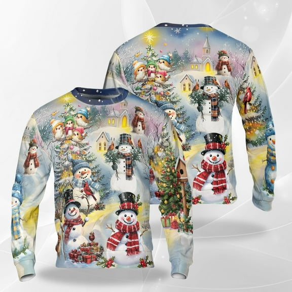 Snowman Christmas Sweatshirt, Cozy Winter Holiday Crewneck, Festive Village Scene Xmas Pullover, Cute Family Snowmen Sweater for Men Women Friends