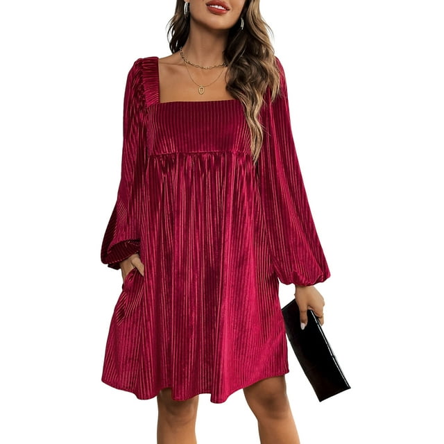 Robe Babydoll Mini en Velours à Manches Longues à Encolure Carrée Coupe Ample pour Femme Robe Droite Rouge Vin TG