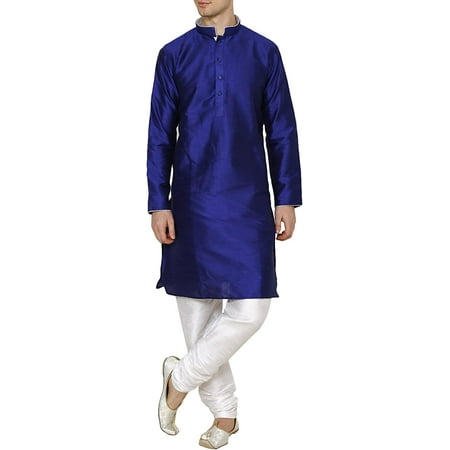 

Royal Mens Silk Blend Kurta Churidar with Neck and Sleeve Piping Details (42 Blue-Multi)