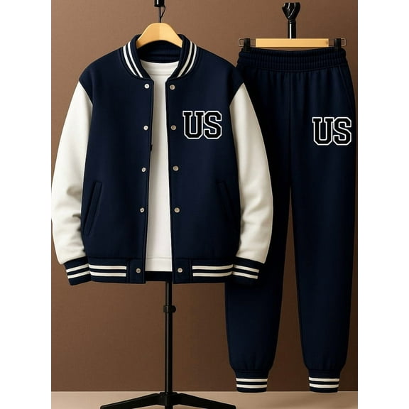US Varsity Tracksuit Set baseball jacket set funny boy blue machine washable Casual Long Sleeve Hooded Baseball Jacket & Joggers Set Perfect for Outdoor baggy cartoon letter gifts 3 to 10 years old