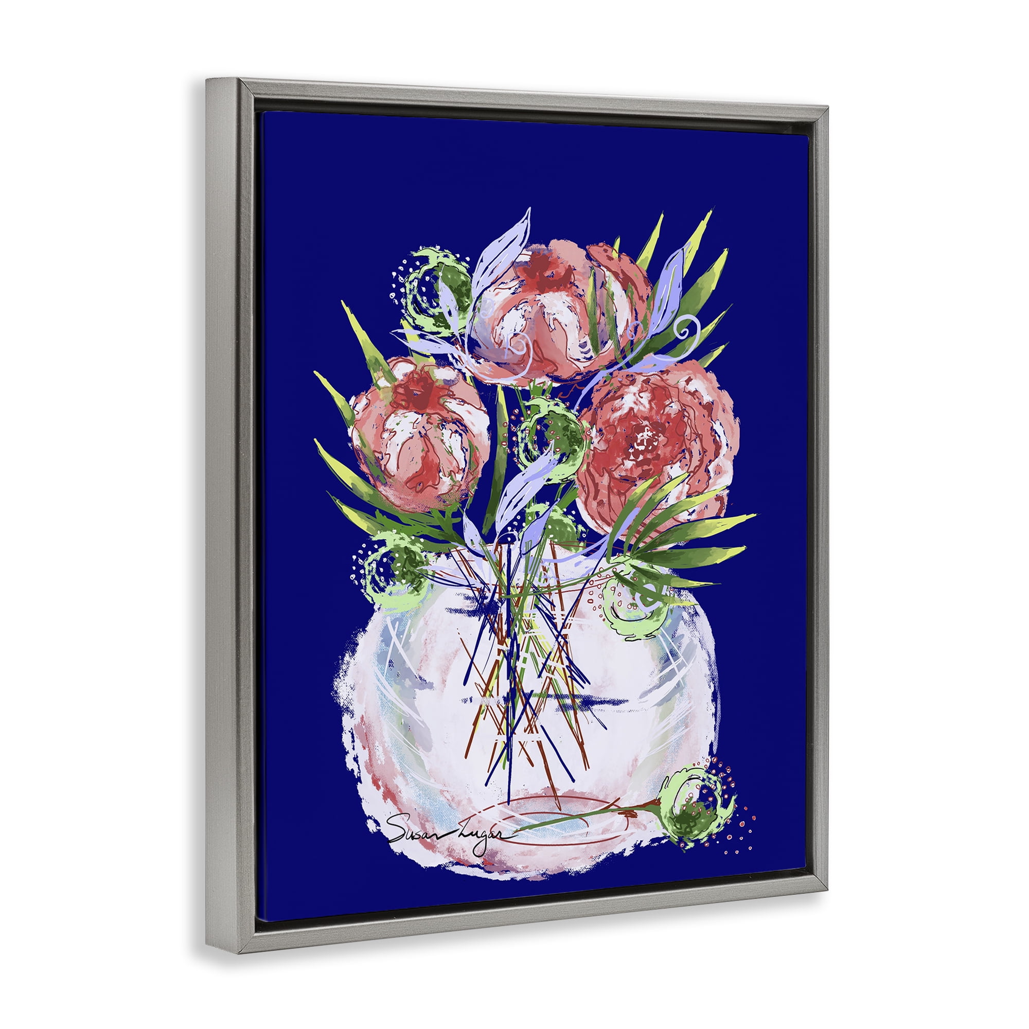 Stupell Industries Florals In Milk Glass Gray Framed Floater Canvas Wall Art, design by Susan Lugar