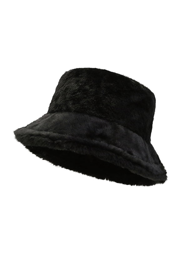 Women Plush Fluffy Black Bucket Hat Warm Lining Winter Faux Fur Cozy Wide Brim Winter
