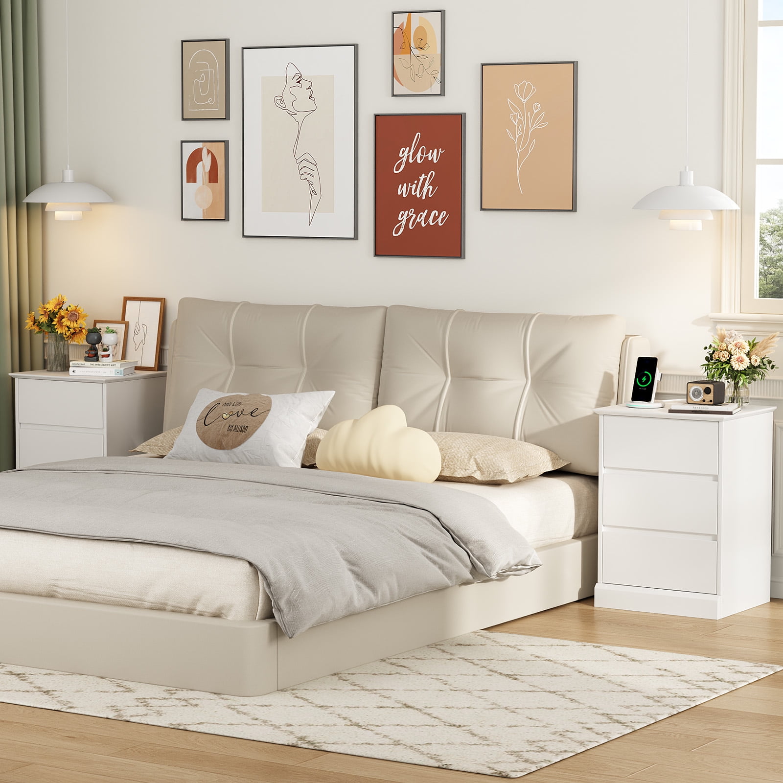 Nightstand Set of 2 with Charging Station, 3 Drawers Nightstand Modern Bedside Table End Table for Bedroom Living Room, White