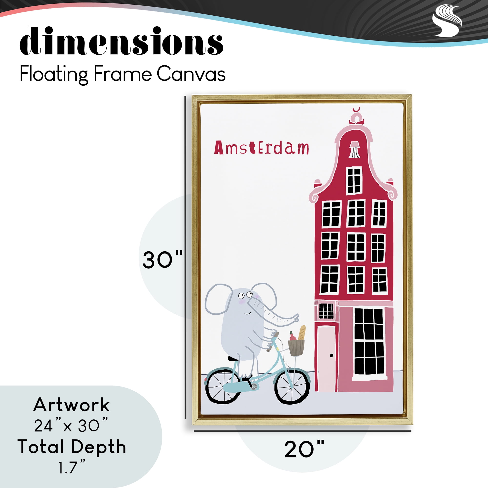 Elephant & Amsterdam Building Gold Framed Floater Canvas Wall Art, design by Carla Daly