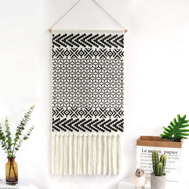 Tejido de encaje para colgar en la pared, Art Deco geométrico bohemio elegante en blanco y negro, apartamento, dormitorio, habitación, decoración de puerta, 17.3" de ancho x 32" de largo oso de fresa Electrónica
