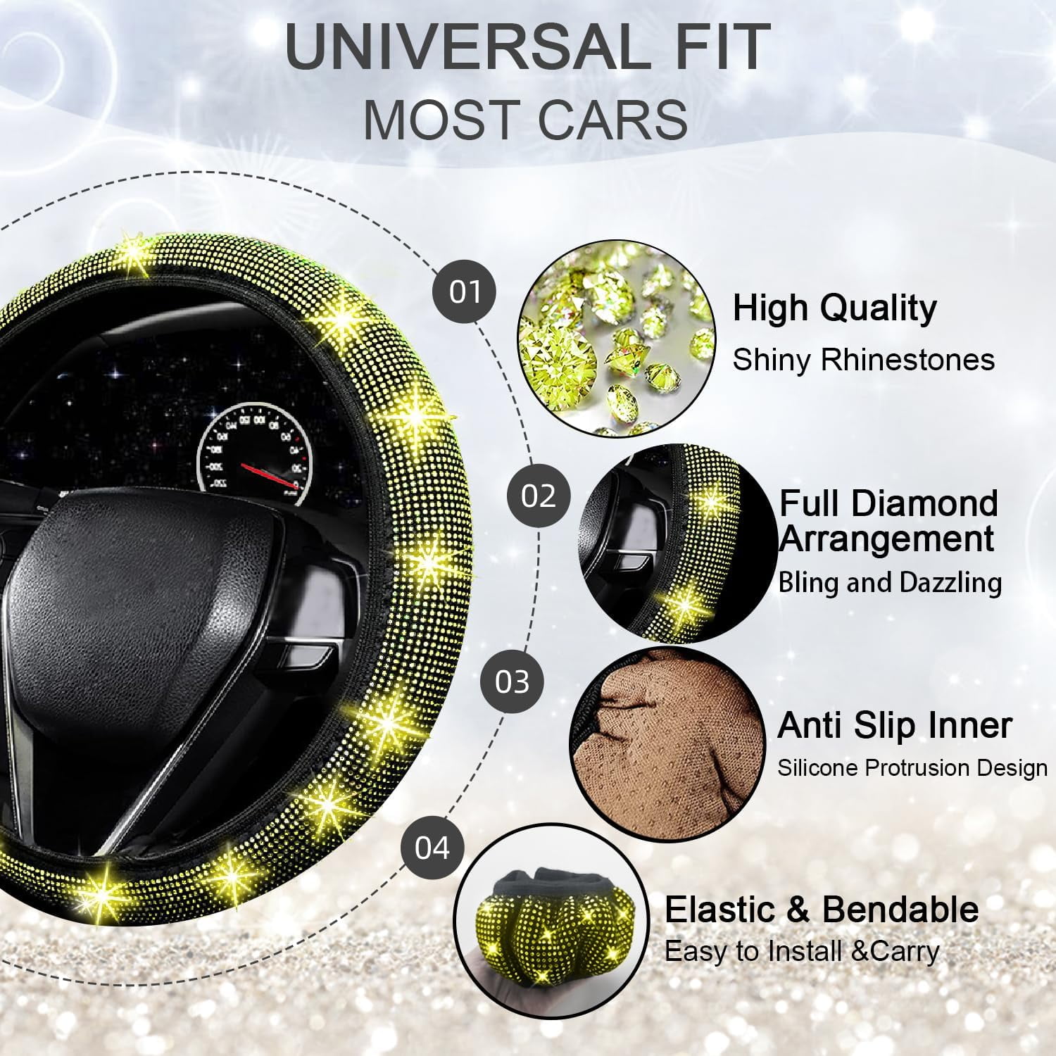 27-Piece Yellow Bling Car Accessories Set - Universal Fit Steering Wheel Covers, License Plate Frame, Phone Holder, Car Coasters