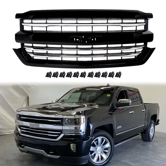 For 2016-2018 Silverado 1500 High Country Gloss Black Front Grille Chrome Trim