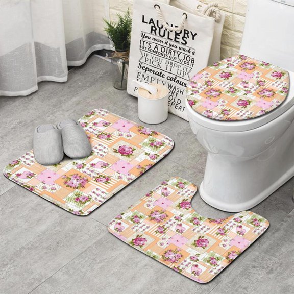 Pioneer Flower Floral Print Pattern Bathroom Rugs Sets 3 Piece,Toilet Cover Set,Absorbent Non Slip Bathroom Mats Sets with U-Shaped Contour Rug Toilet Rug Set