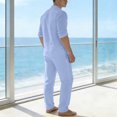 thumbnail image 5 of Gytharion Men's Summer Casual 2 Piece Outfits for Vacation Soild Color Stand Collar Long Sleeve Shirts with Drawstring Elastic Waist Long Pants Outfits Cotton and Linen Lightweight Sets, 5 of 8