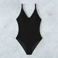 thumbnail image 3 of Generic Women's One Piece Swimsuit Solid Ribbed Tummy Control Bathing Suit Slimming Wide Straps Deep V Neck Swimwear, 3 of 4