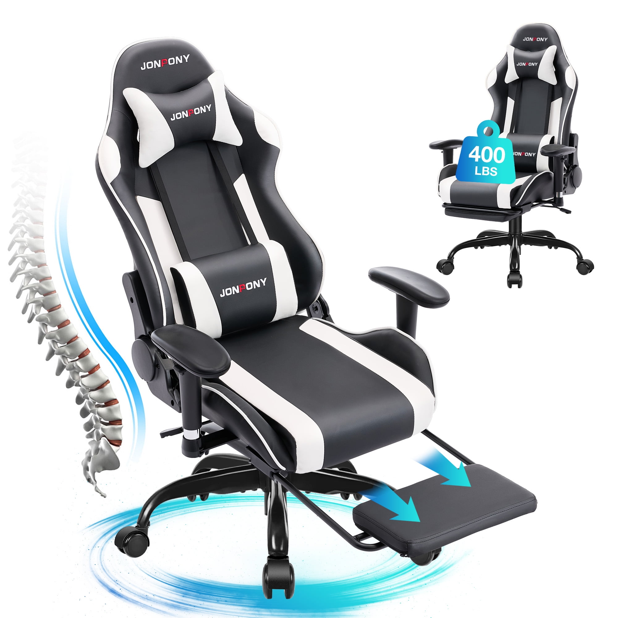 JONPONY Game Chair,Ergonomically Designed Computer Chair with headrest and 2D Armrests,with Footrest and Lumbar Support,High Back Office Chair Support 8 Hours Long Sitting,Computer Chair,WHITE
