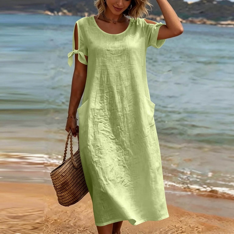 short sleeve mid length summer dress HVOBTTY Summer Women's Short Sleeve Mid-Length A-Line Dress Round Neck  Split Hem Linen Cotton Pocket
