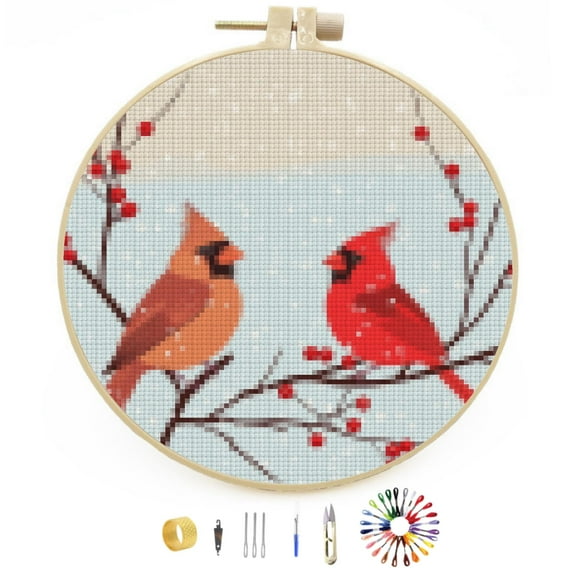 Cardinal on Red Berry Tree DIY Stamped Cross Stitch Kits Easy for Beginners with Hoop 11CT Counted Embroidery Needlepoint Crafts Arts for Handmade Enthusiasts and Home Decor 30x30cm(12)