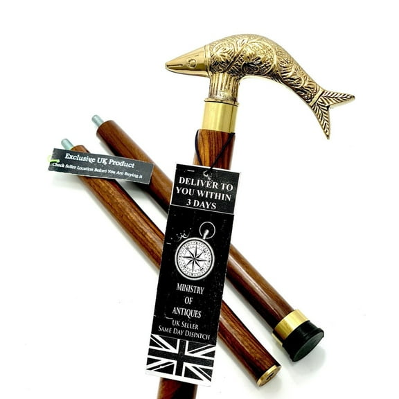 NAUTICALMARTUS BY Fish Handle Solid Brass Stylish Hard Wood Folding Walking Stick Vintage Cane Designer Walking Stick Cane Gift