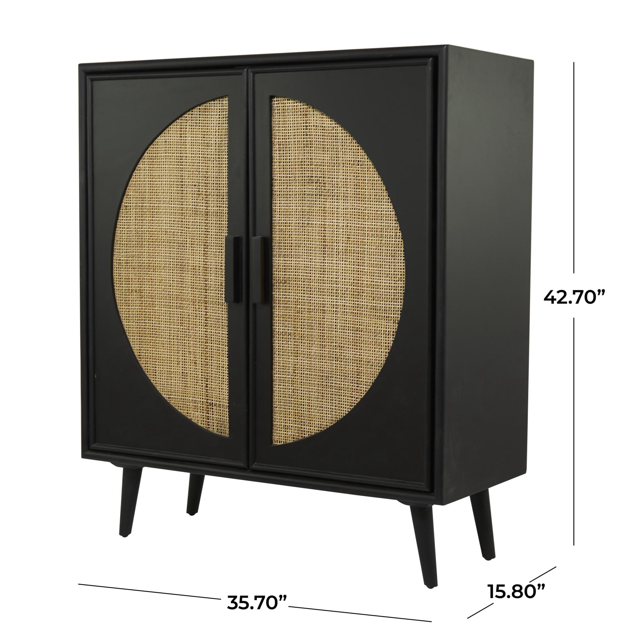 DecMode 36" x 43" Black Wood Square 2 Door Geometric Cabinet with Circular Rattan Accent, 1-Piece