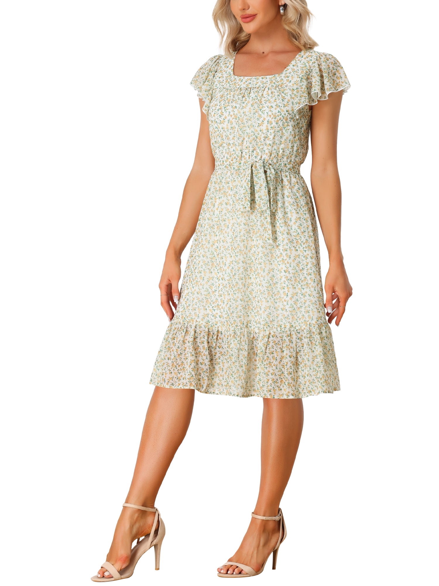 DARING DIVA Square Neck Flutter Sleeve A-Line Midi Dress M White Yellow