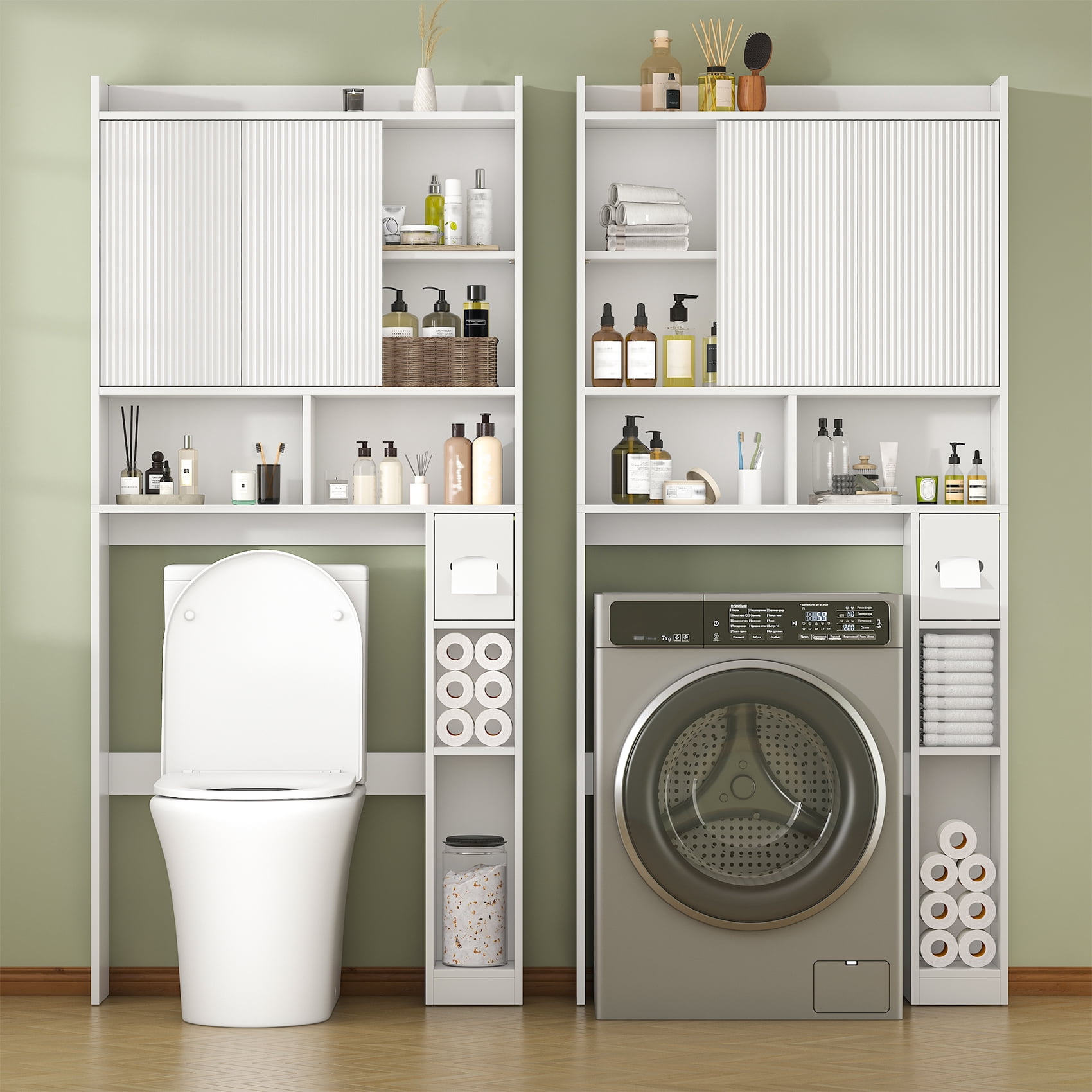 Over The Toilet Storage Cabinet with 2 Sliding Doors & Toilet Paper Holder, Freestanding Adjustable Organizer for Bathroom & Laundry,White