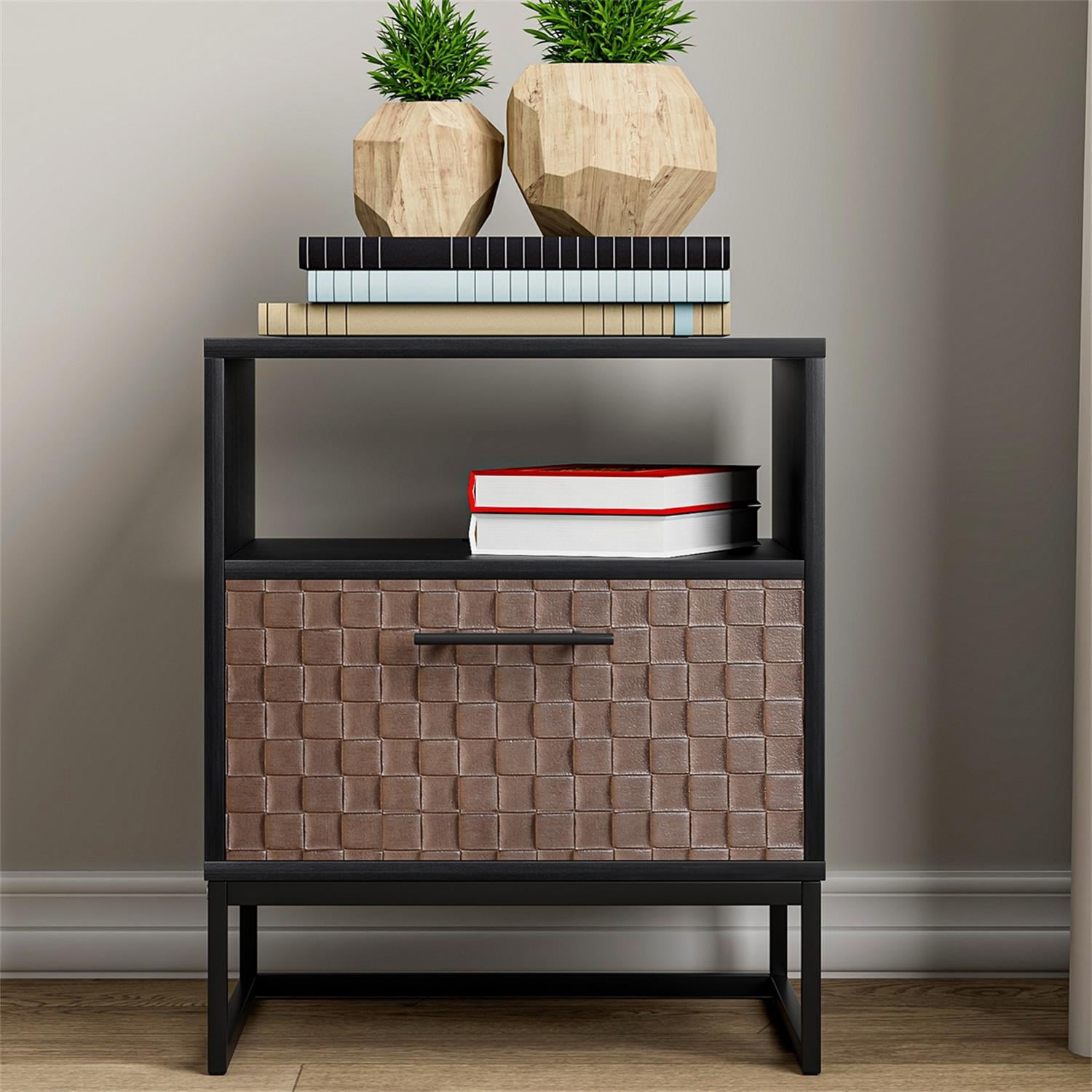 Kadyn Nightstand, 1 Door Bedside Table with Socket, End Table for Bedroom, Black Brown Kadyn Nightstand, 1 Door Bedside Table with Socket, End Table for Bedroom, Black Brown